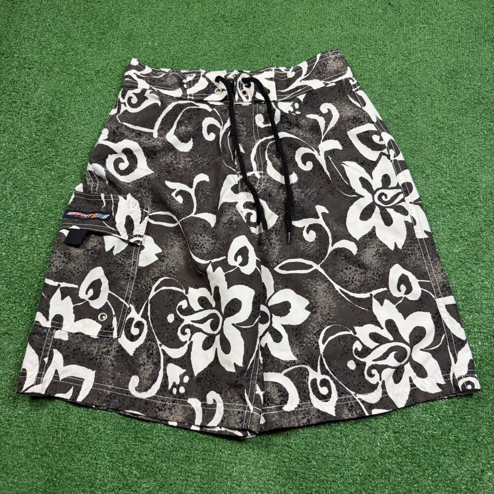 Sideout Floral Board Shorts Brown White Hawaiian Surf Y2K Swim Trunks Mens 28